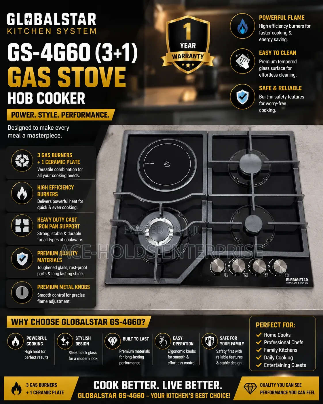 Globalstar GS-4G60 3+1 Gas Hob Cooker – Stylish Powerful