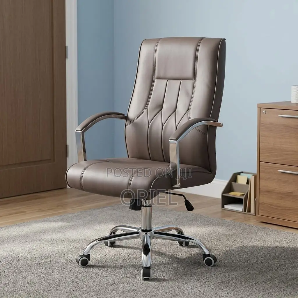 Office Chair : Brown Leather Mid-Back Office Chair