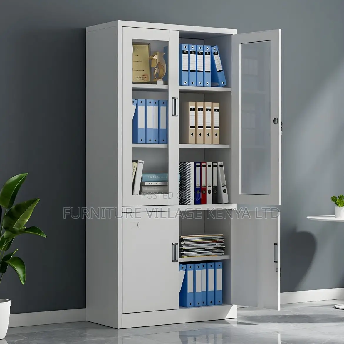 Office Cabinet; 2 Door Metallic Half Glass Lockable File Cabinet