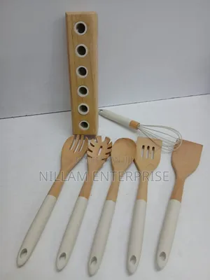 Wooden Silicone Serving Spoons With Wooden Stand