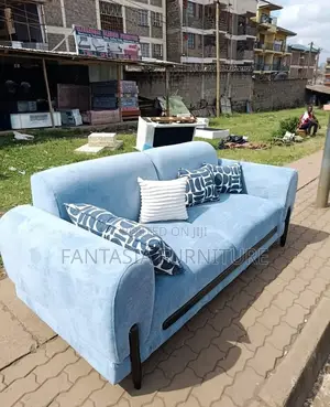 Powder Blue 3-Seater Sofa With Wood Trim