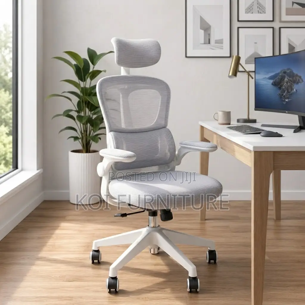 Office Chairs; White Adjustable Fabric Office Flipping Armed Chairs
