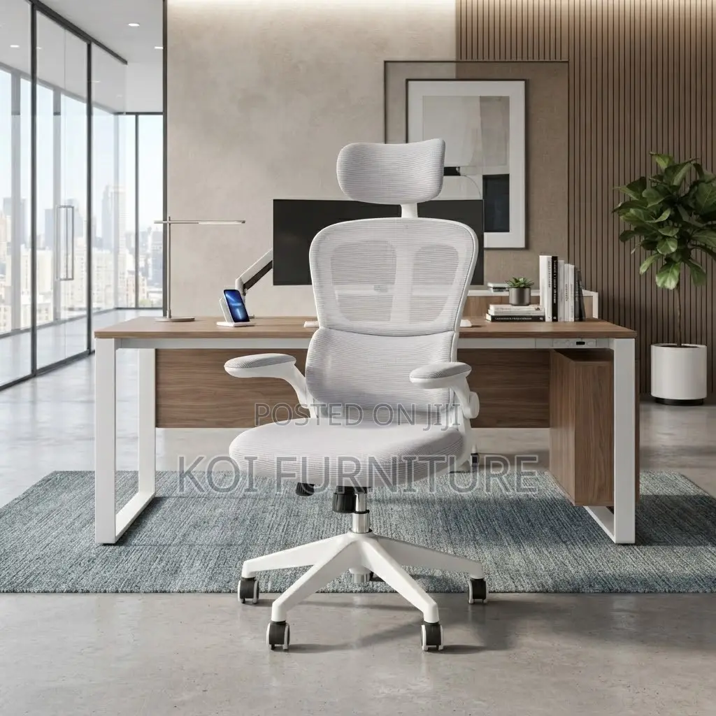 Office Chairs; White Adjustable Fabric Office Flipping Armed Chairs