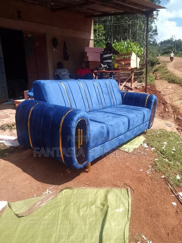 3 Seater Blue Fabric Sofa With Gold Trim