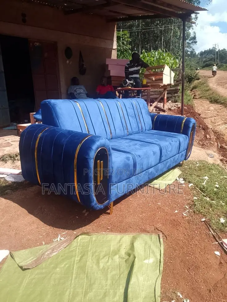 3 Seater Blue Fabric Sofa With Gold Trim