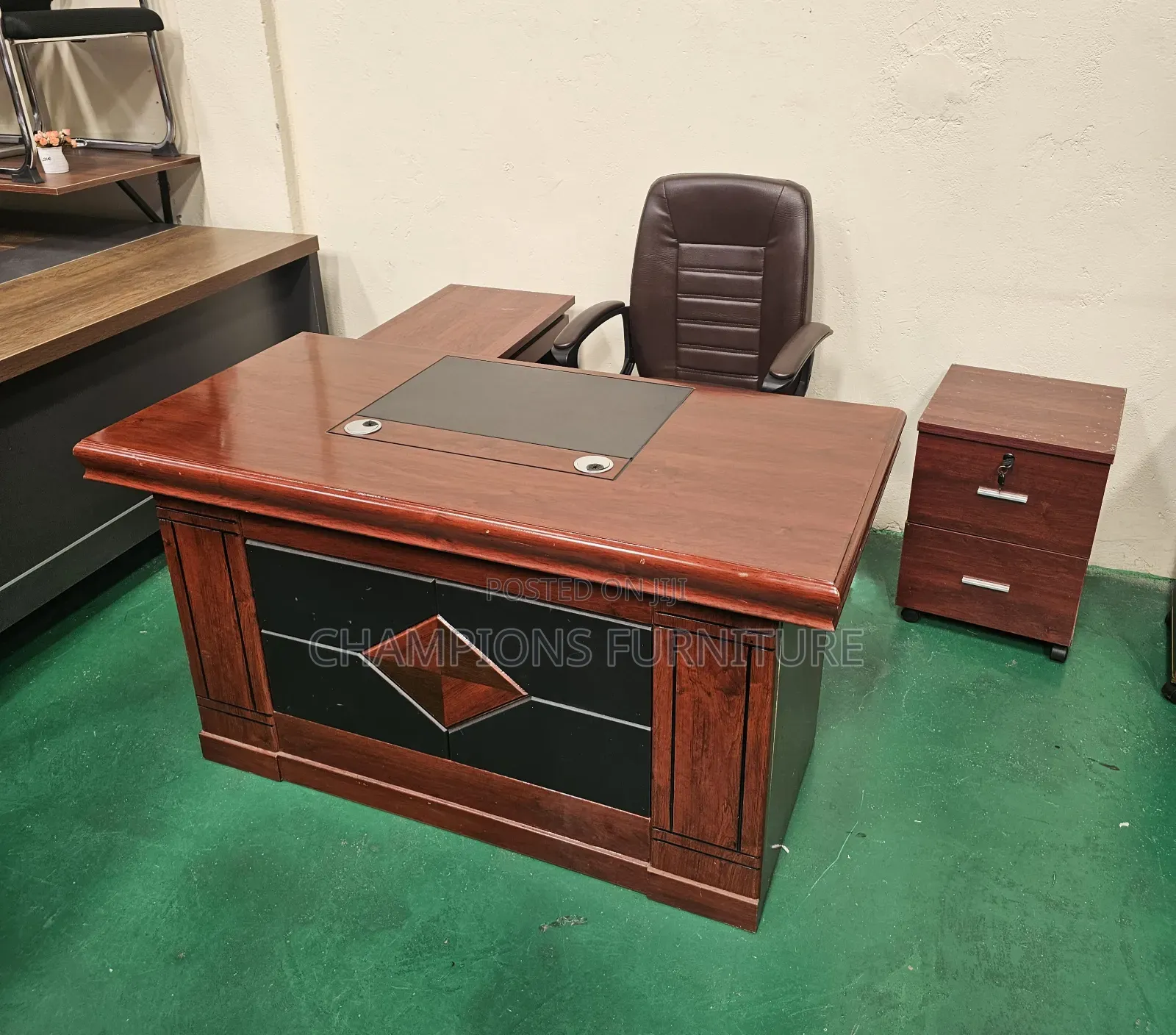 1.4M Mahogany Executive Desk With Leather Inlay
