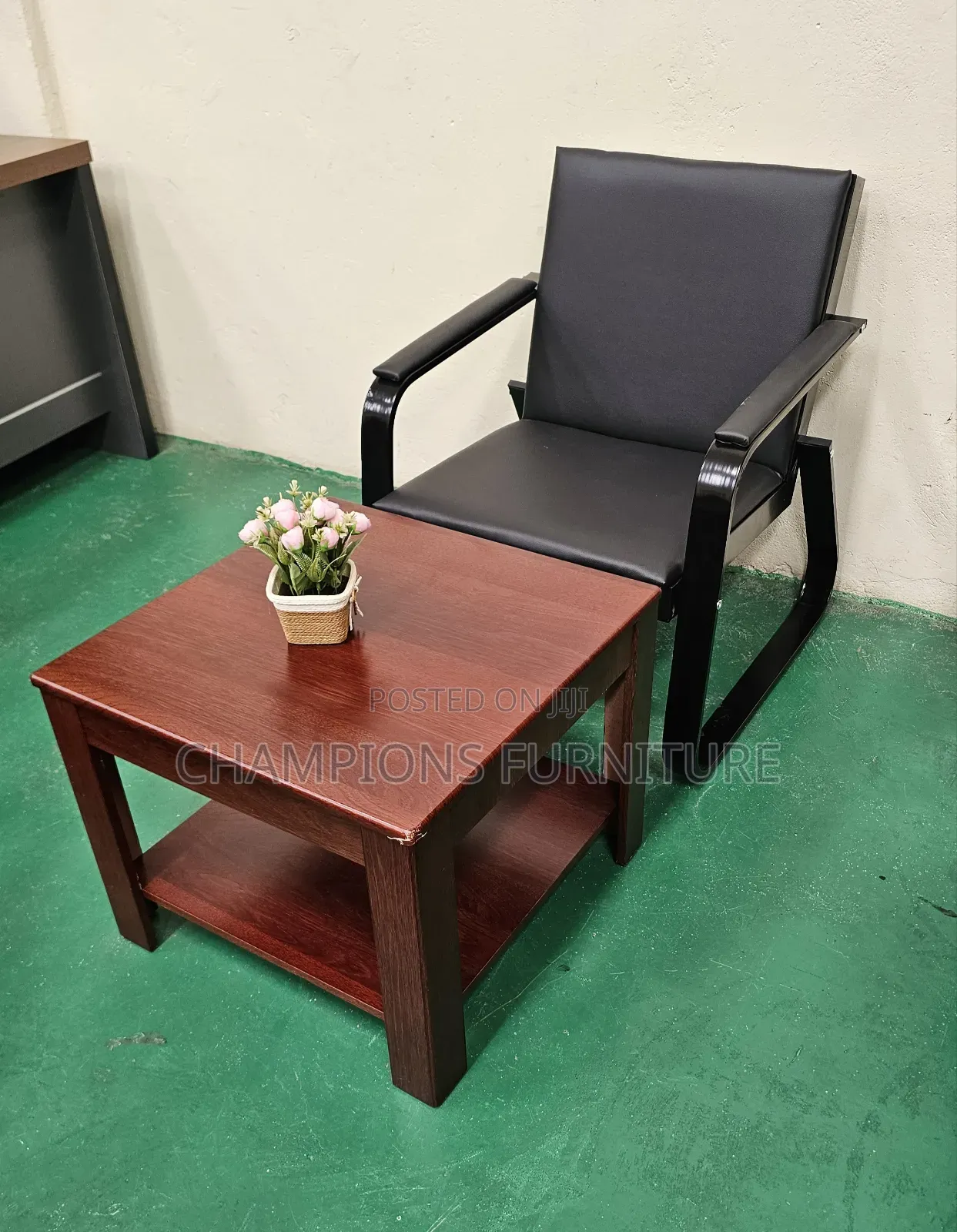 Black Leather Receptuon Chair and Coffee Table