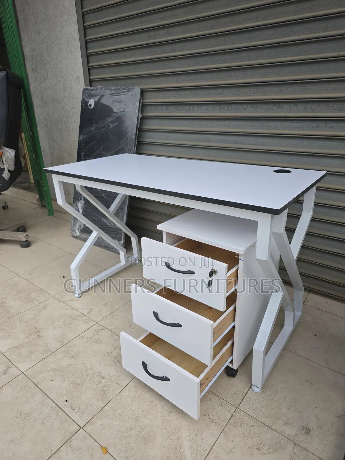 White Metallic Frame Desk and a Pedestal