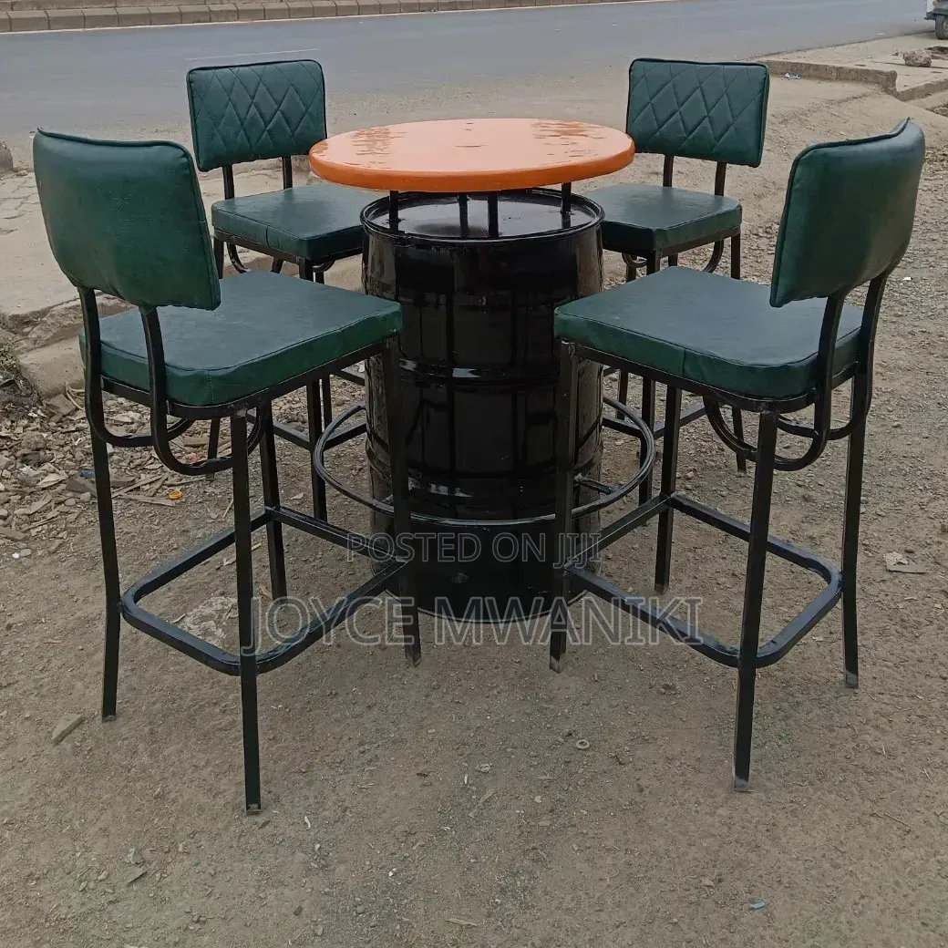 Powder Coated Metal Bar Chairs and Custom Made Drum Table..