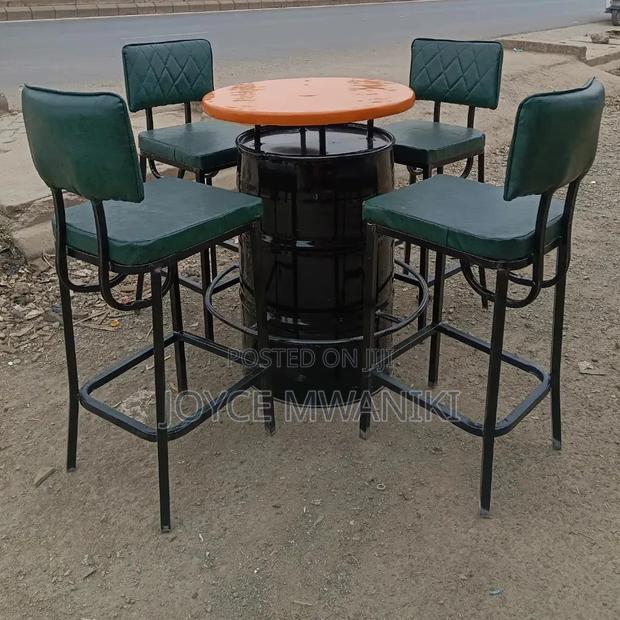 Powder Coated Metal Bar Chairs and Custom Made Drum Table..