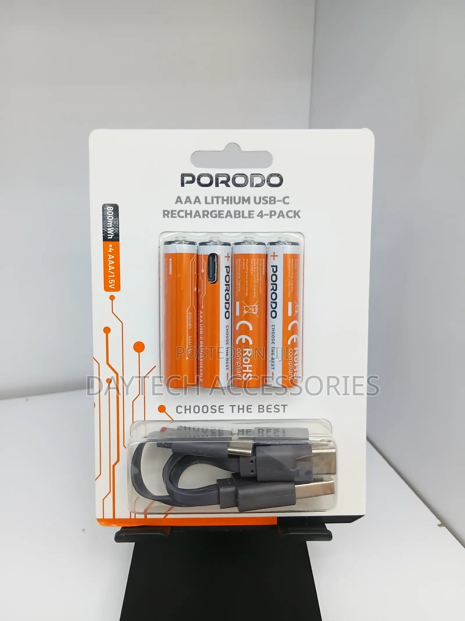 Porodo AAA Lithium USB-C Rechargeable 4-Pack – White/Orange