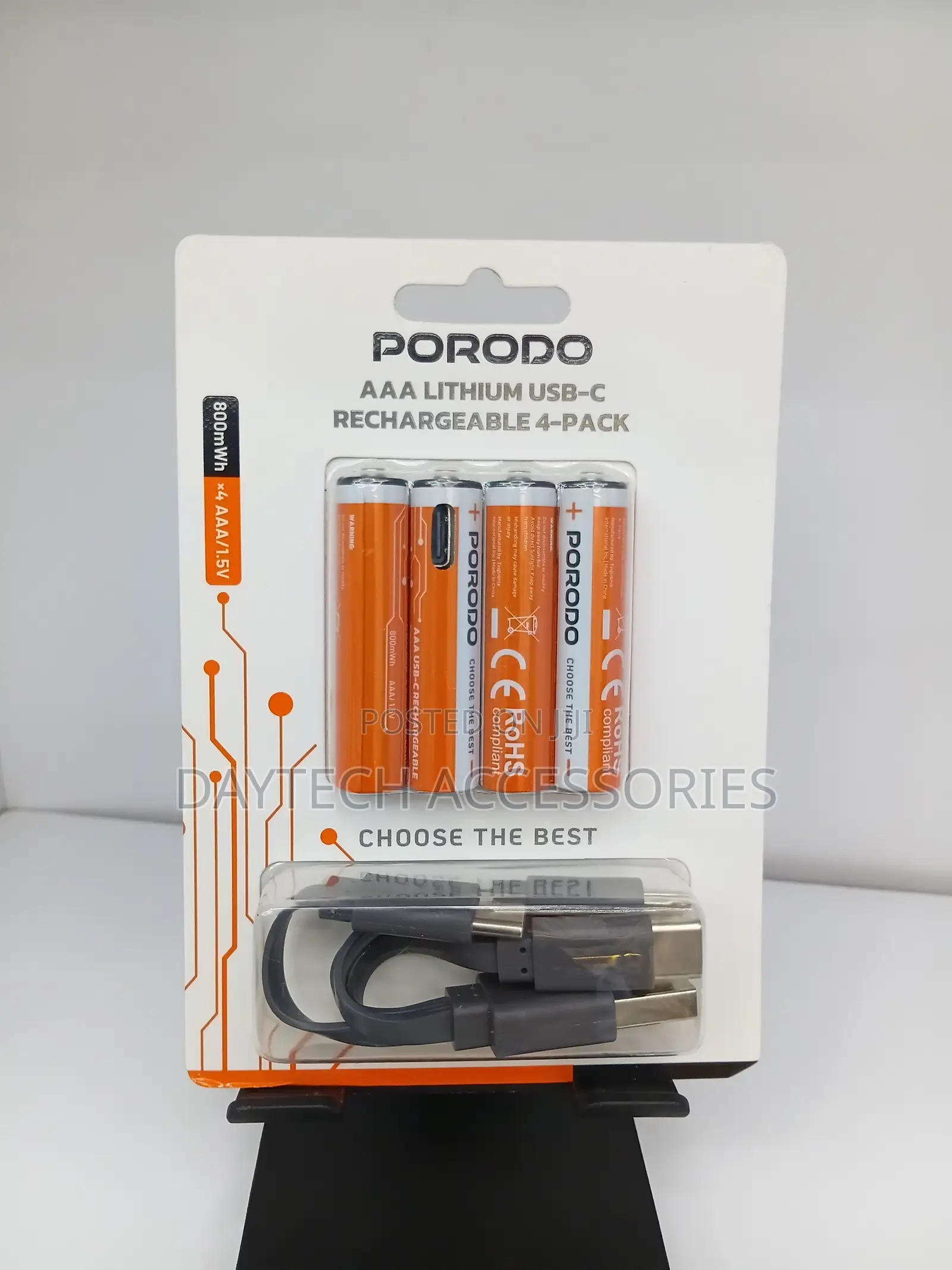 Porodo AAA Lithium USB-C Rechargeable Batteries 4-Pack 1.5V, 800mWh