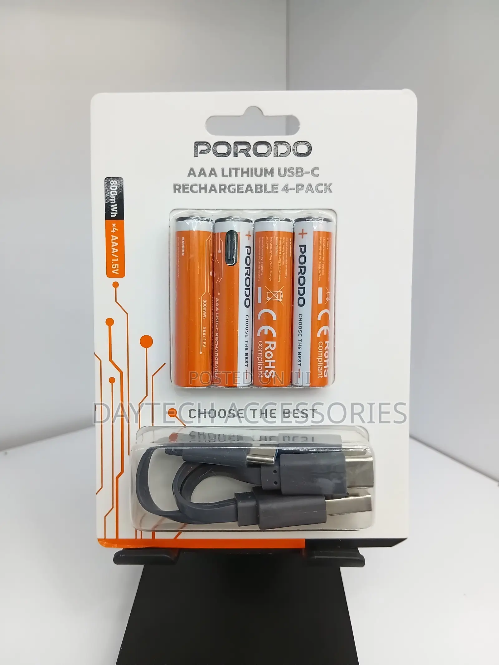 Porodo AAA USB-C Rechargeable 4-Pack 800mAh Lithium-Polymer Batteries