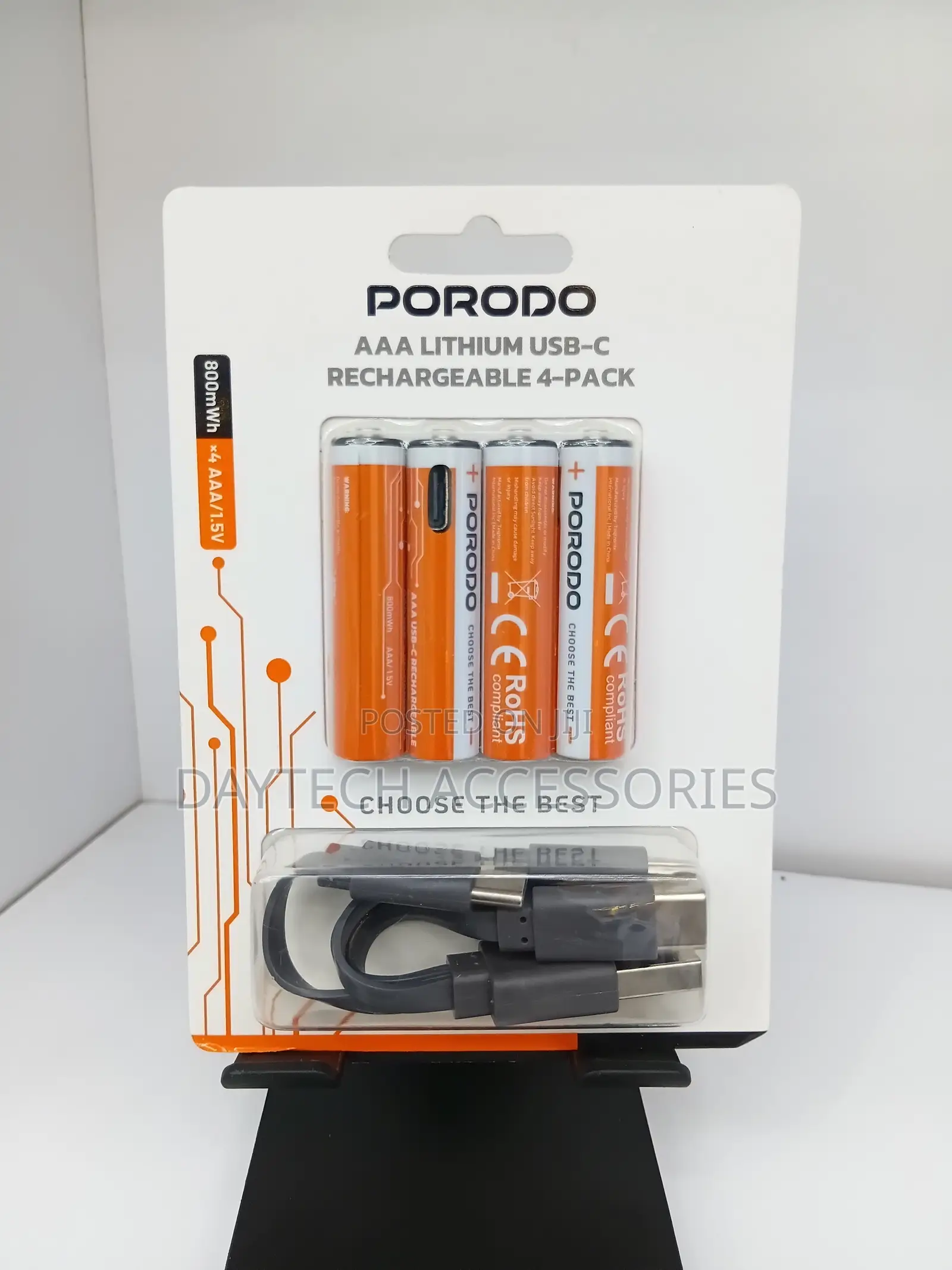 Porodo AAA USB-C Rechargeable 4-Pack 800mAh Lithium-Polymer Batteries