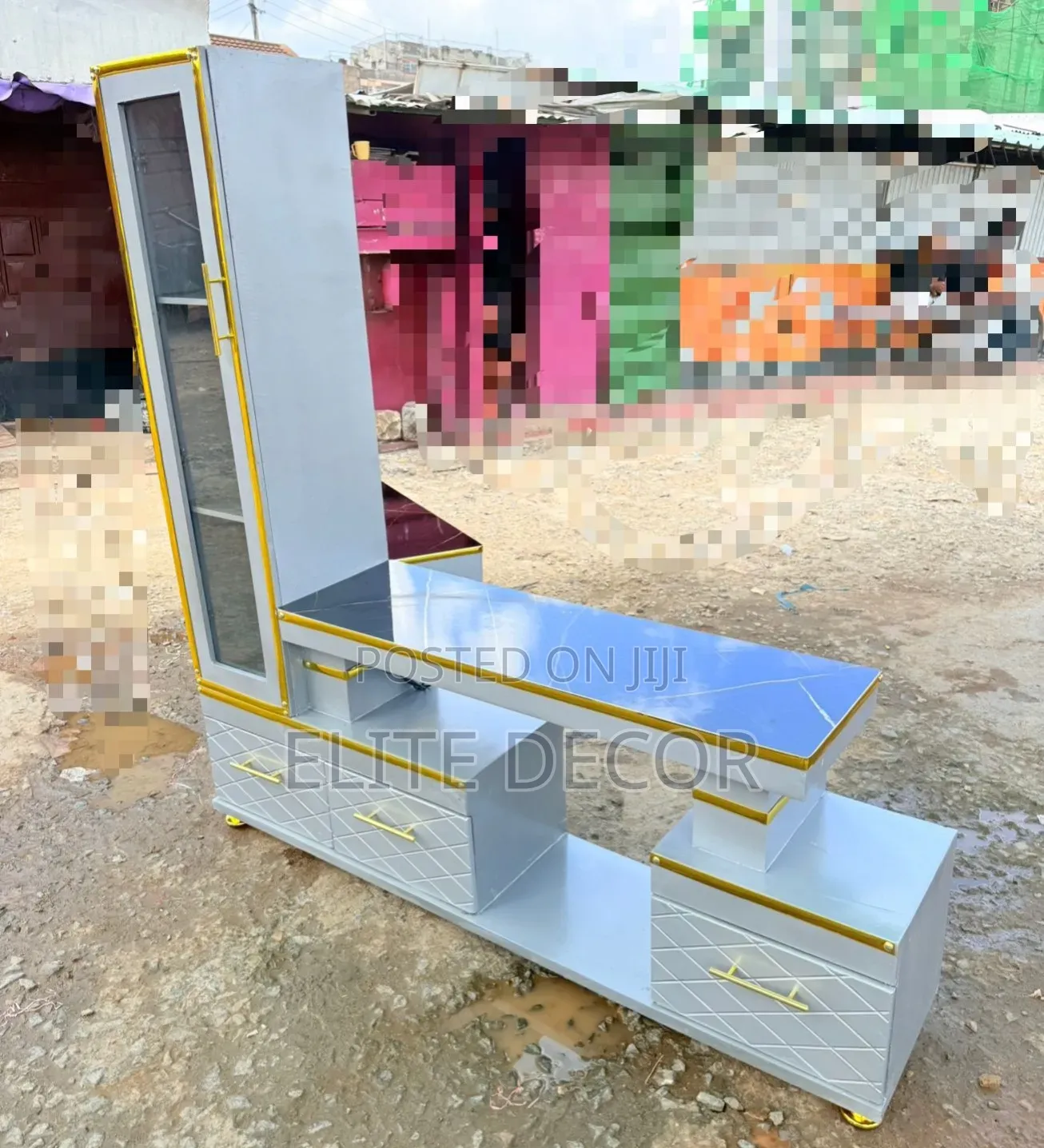Executive Extended TV Stand With Marble Coating & Shelf Cabinet