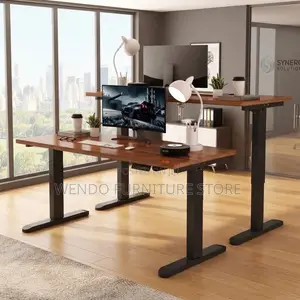 Office Desk; Height Adjustable 1400mm Brown Electric Table