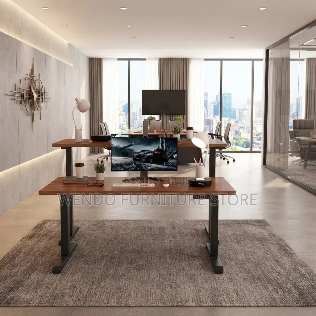 Office Desk; Height Adjustable 1400mm Brown Electric Table