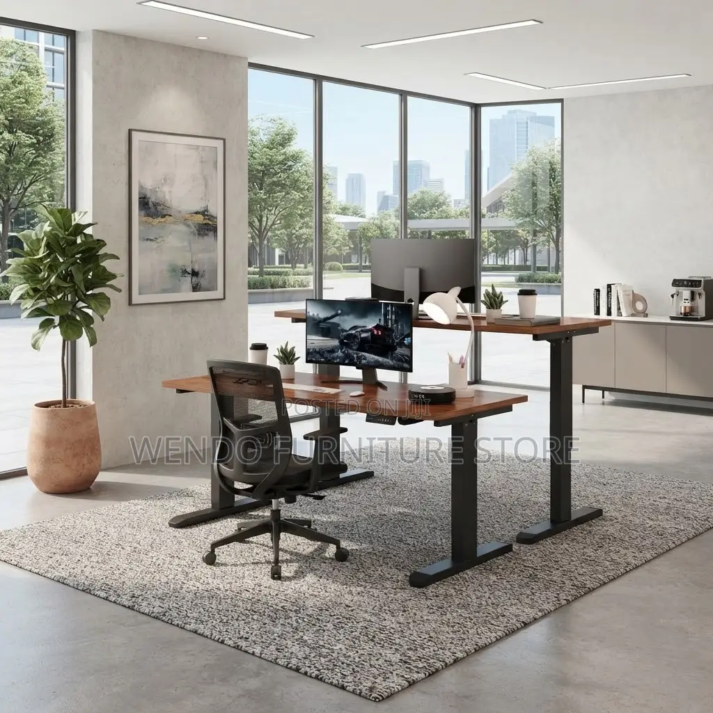 Office Desk; Height Adjustable 1400mm Brown Electric Table