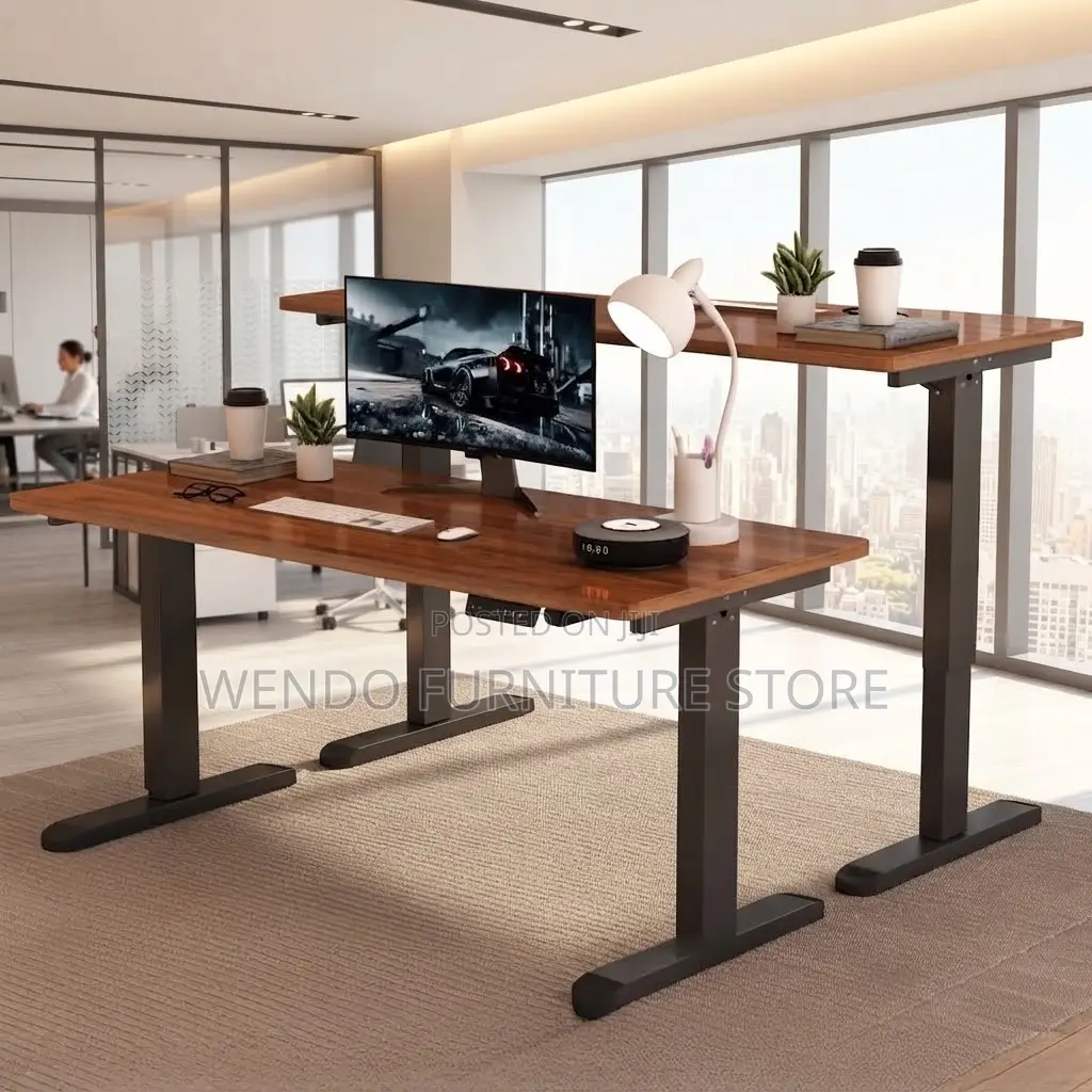 Office Desk; Height Adjustable 1400mm Brown Electric Table