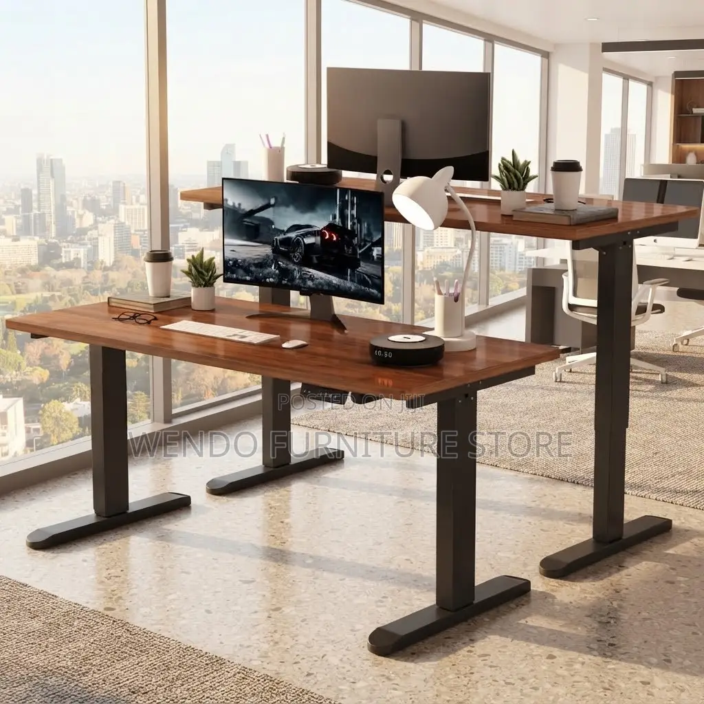 Office Desk; Height Adjustable 1400mm Brown Electric Table