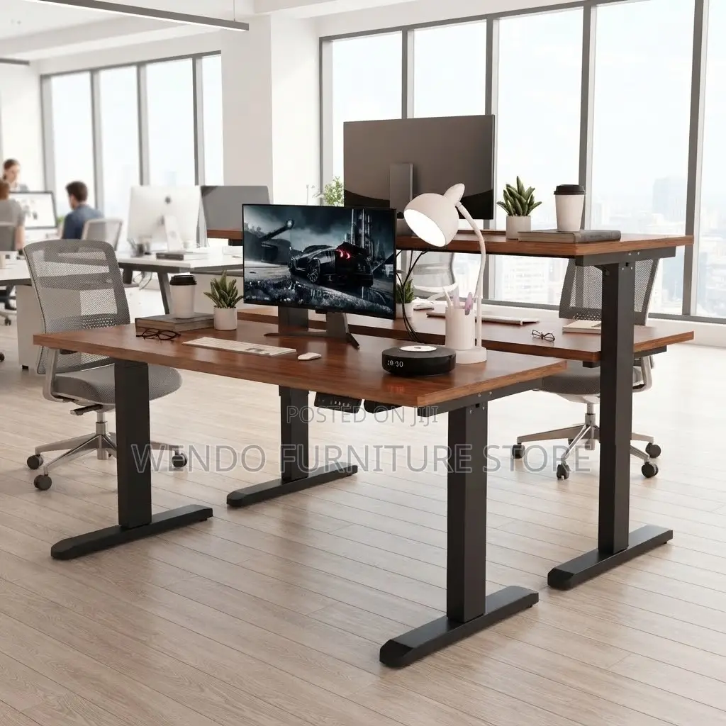Office Desk; Height Adjustable 1400mm Brown Electric Table