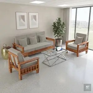Office Sofa; Five Seaters Leather Cushioned Sofa Set With Mahogany