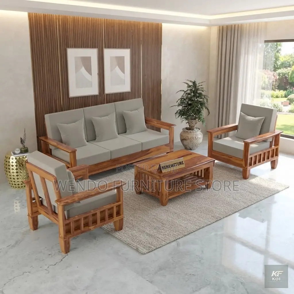 Office Sofa; Five Seaters Leather Cushioned Sofa Set With Mahogany