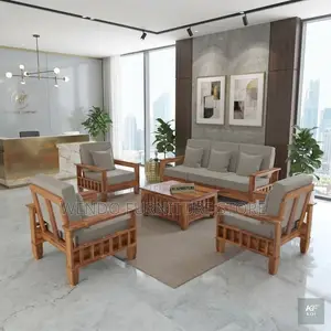 Office Sofa; Five Seaters Leather Cushioned Sofa Set With Mahogany