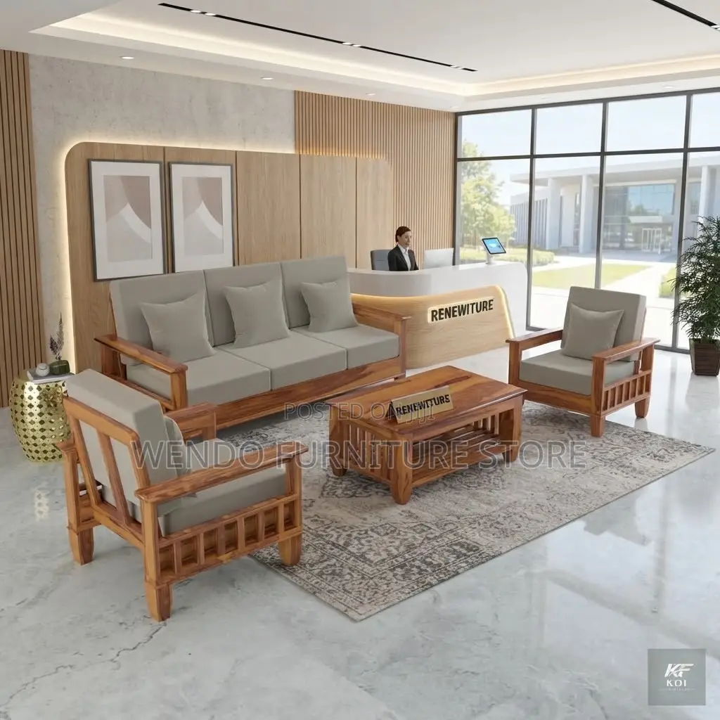 Office Sofa; Five Seaters Leather Cushioned Sofa Set With Mahogany