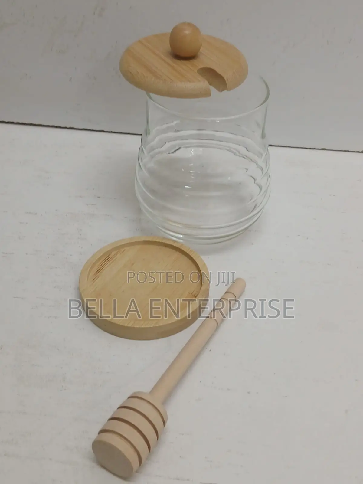 Transparent Glass Honey Jar : Glass With Bamboo Lid + Bamboo Stand