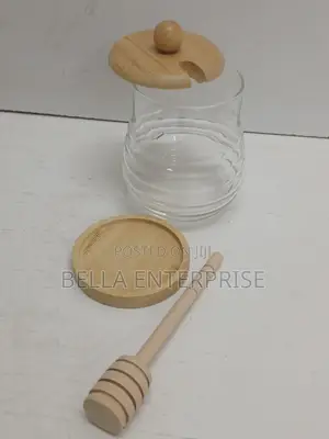 Transparent Glass Honey Jar : Glass With Bamboo Lid + Bamboo Stand