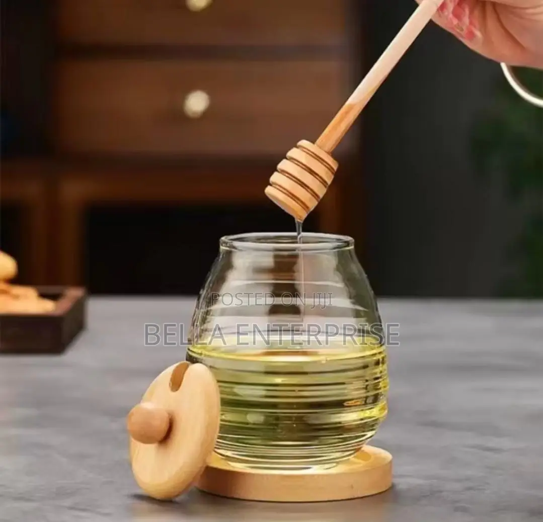 Transparent Glass Honey Jar : Glass With Bamboo Lid + Bamboo Stand