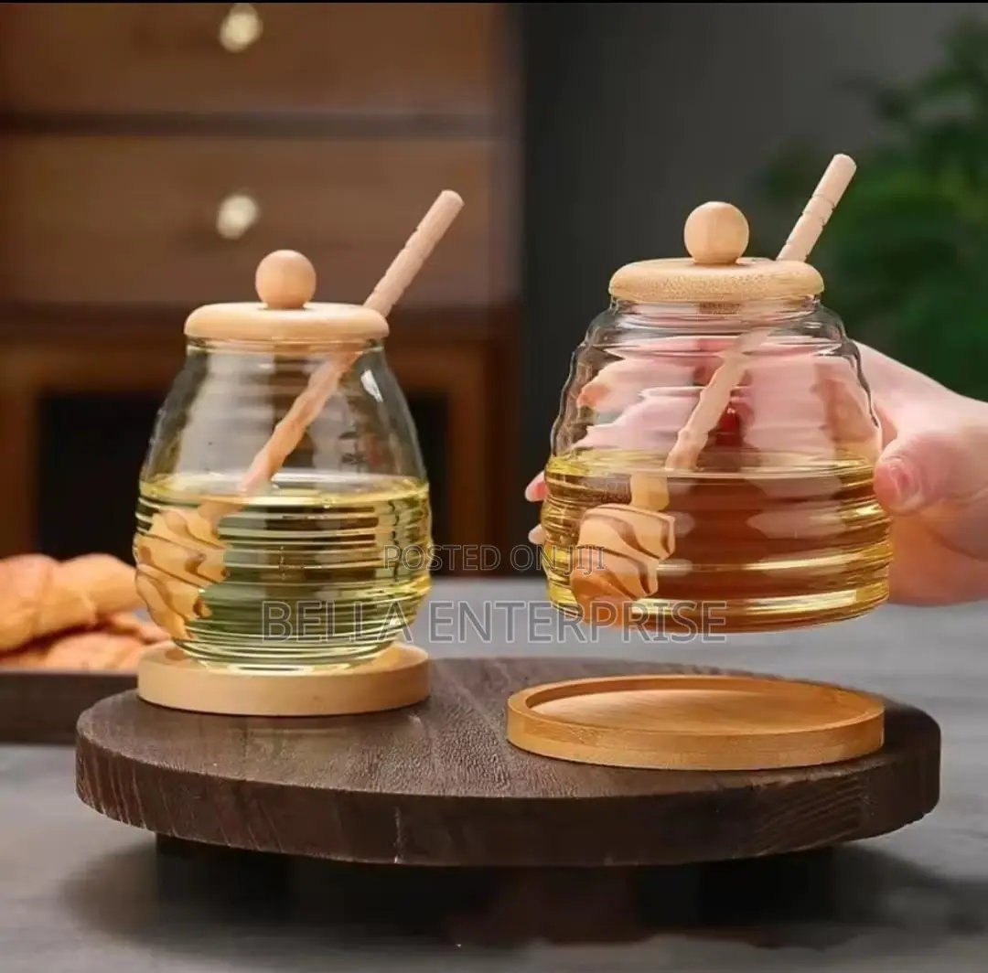 Transparent Glass Honey Jar : Glass With Bamboo Lid + Bamboo Stand