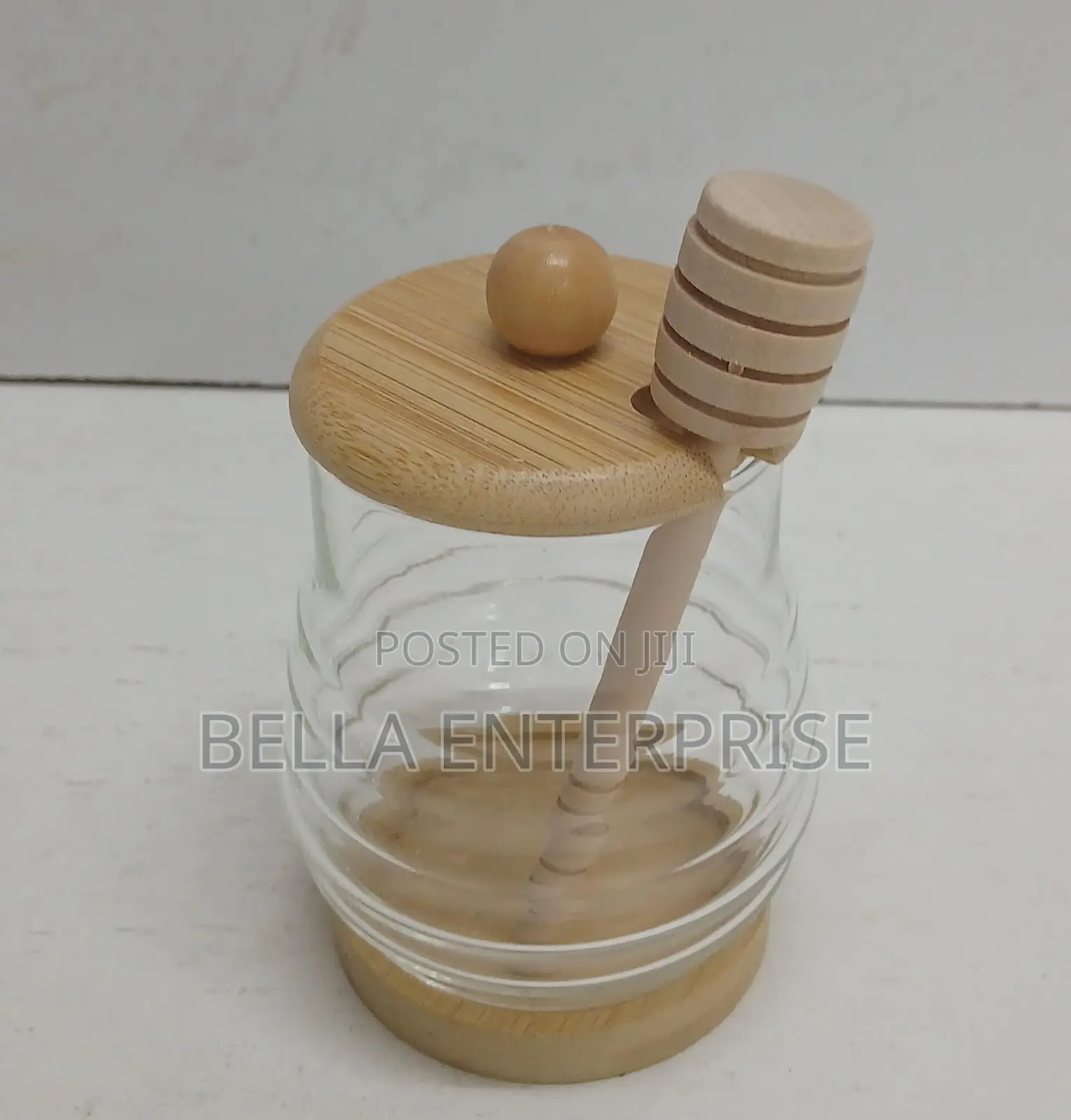 Transparent Glass Honey Jar : Glass With Bamboo Lid + Bamboo Stand