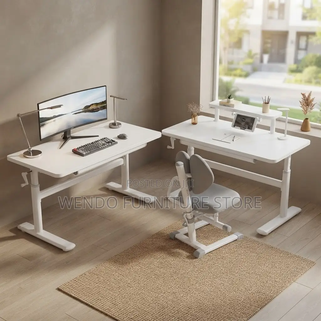 Office Desk; White Manual Adjustable Desk With Hidden Storage
