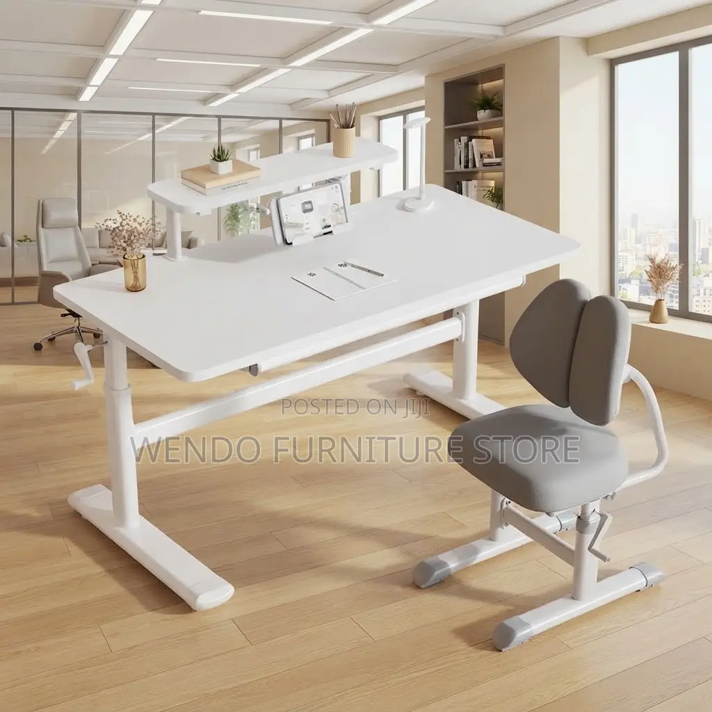 Office Desk; White Manual Adjustable Desk With Hidden Storage