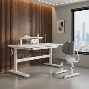 Office Desk; White Manual Adjustable Desk With Hidden Storage