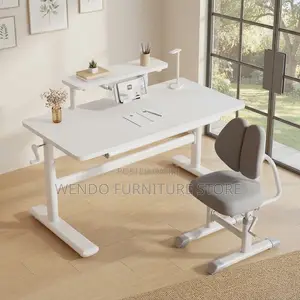 Office Desk; White Manual Adjustable Desk With Hidden Storage