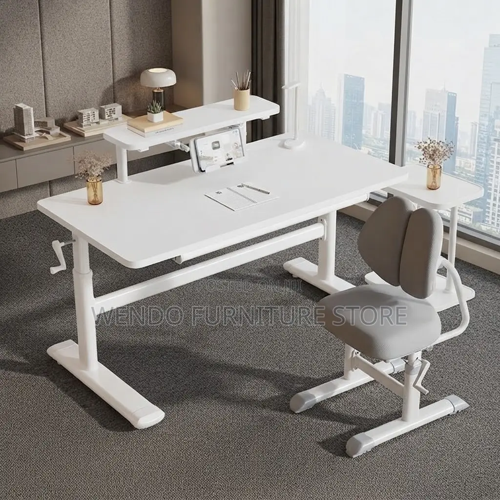 Office Desk; White Manual Adjustable Desk With Hidden Storage