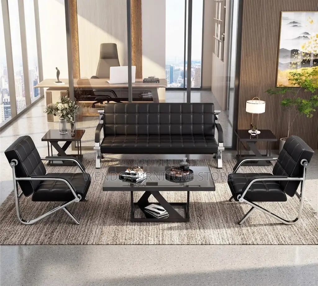 Office Sofa; Leather Black Executive Five Seaters Lobby Sofa Set