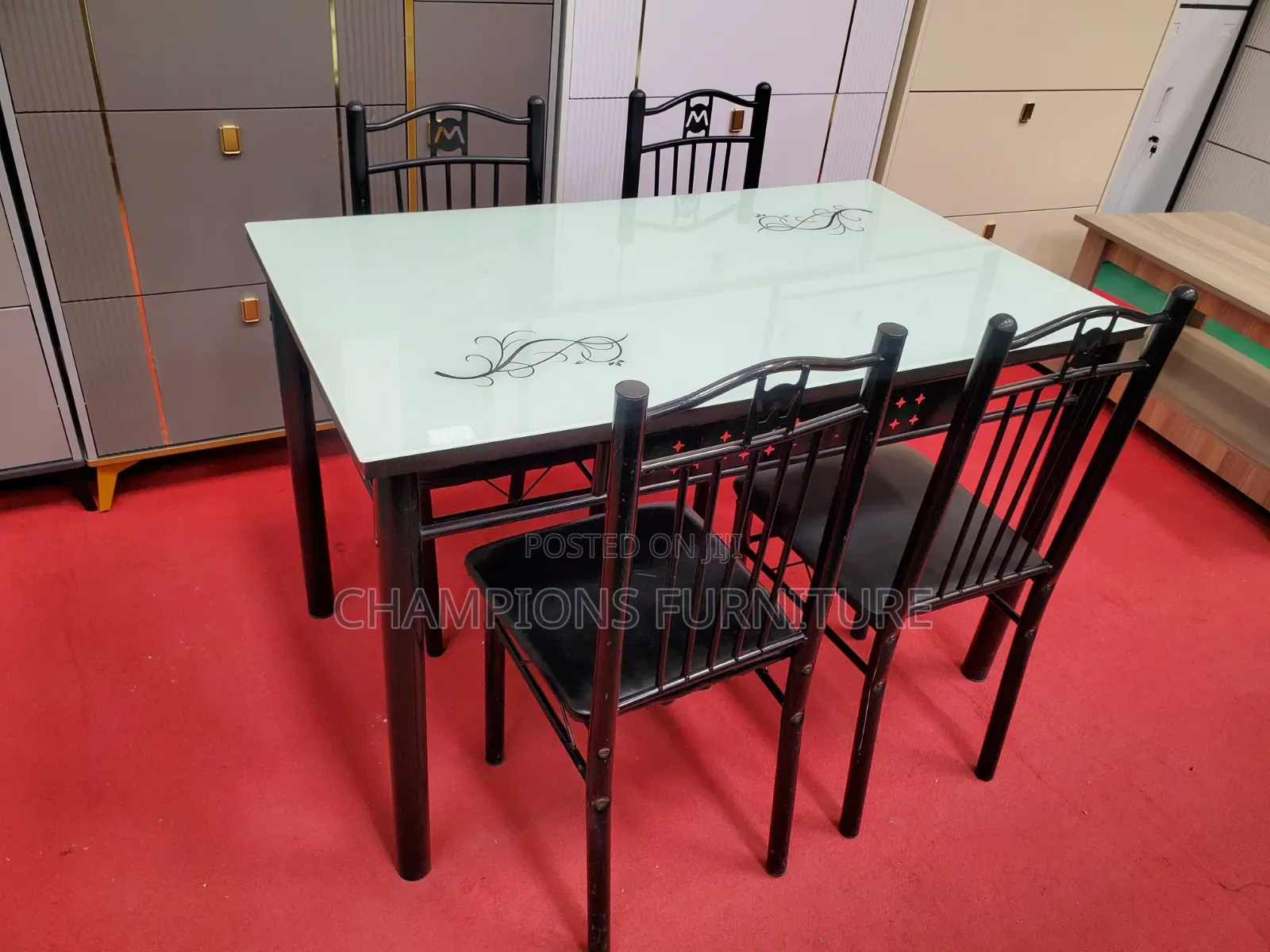 Modern 4-Seater Floral Glass Top Dining Set