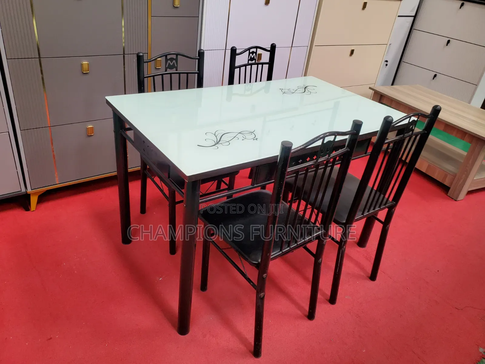Modern 4-Seater Floral Glass Top Dining Set