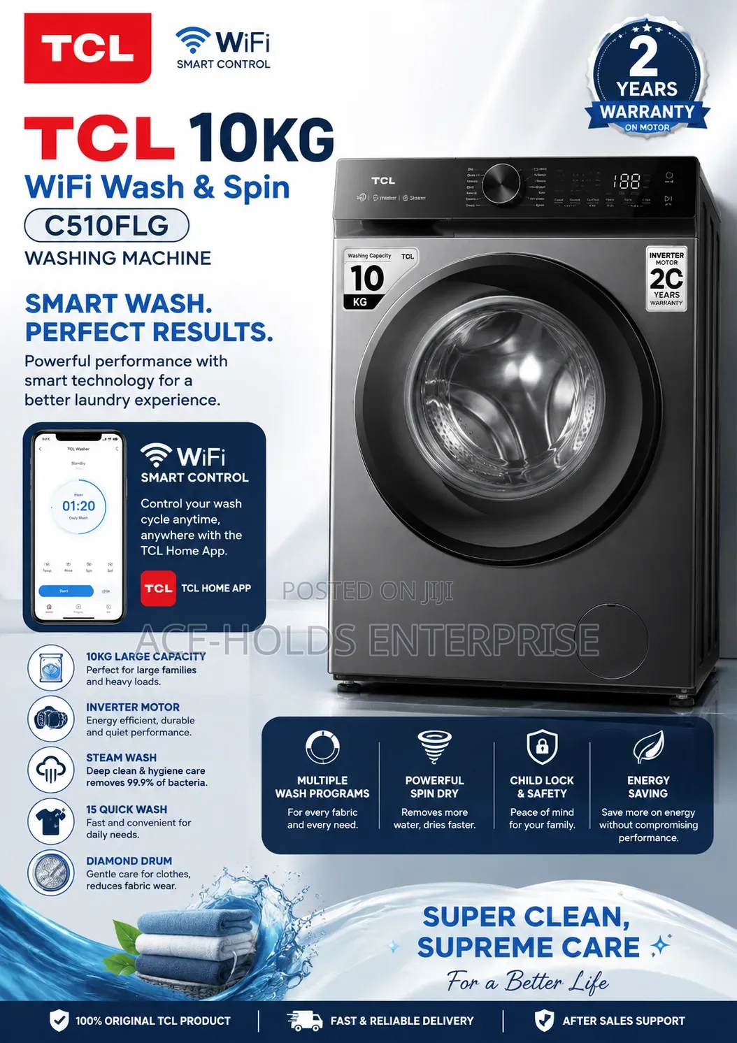 TCL 10KG (WiFi) Wash & Spin C510FLG Washing Machine- Front Load