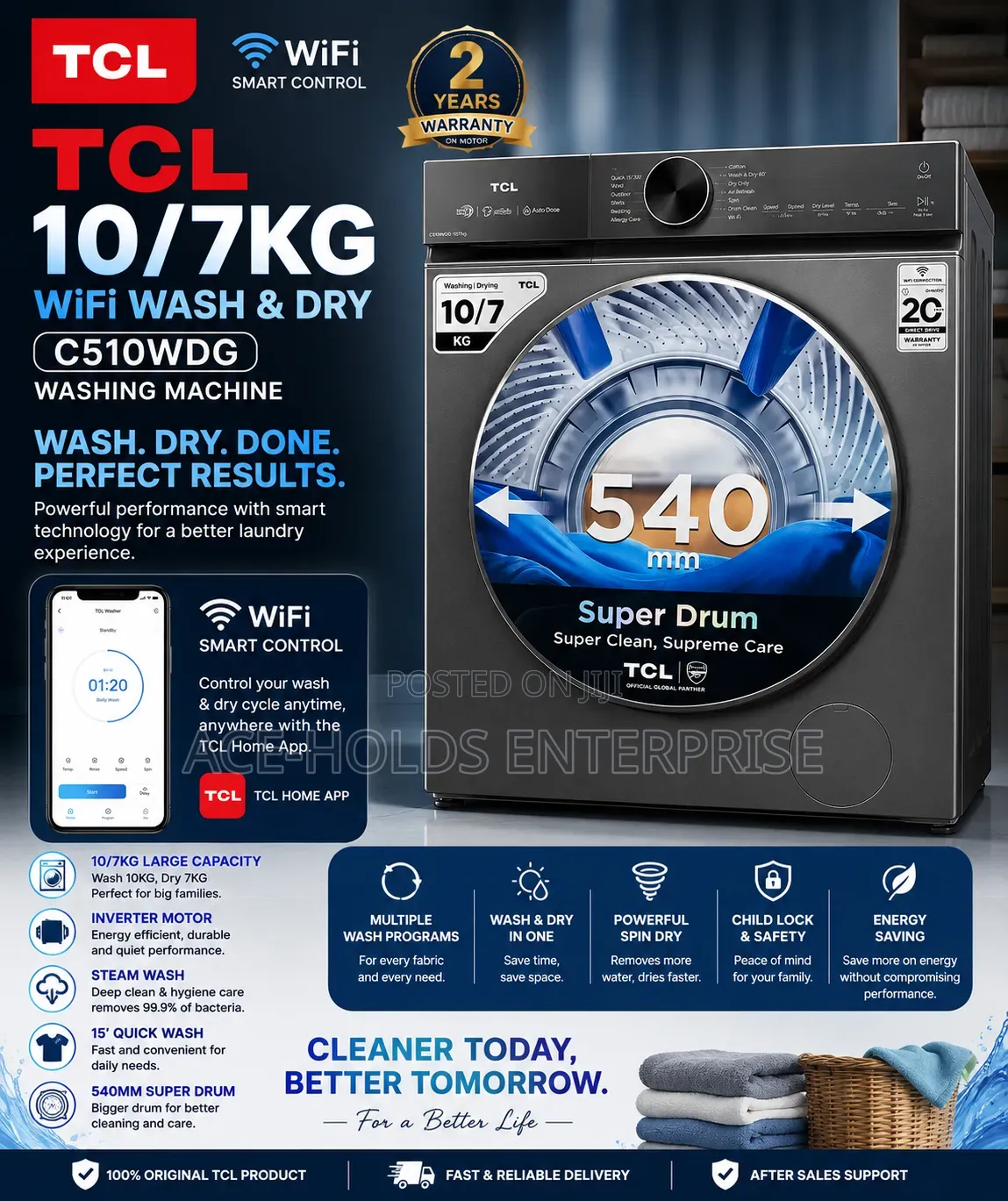 TCL 10/7kg Washing Machine - Wifi Connectivity: Wash & Dry (C510WDG)