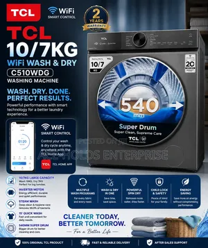 TCL 10/7kg Washing Machine - Wifi Connectivity: Wash & Dry (C510WDG)