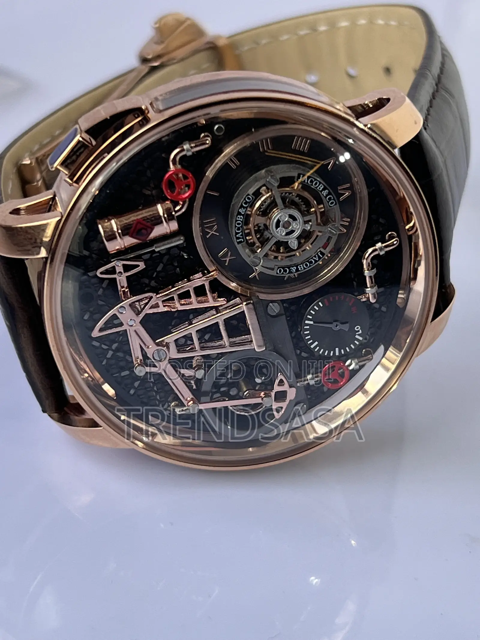 Jacob &Co. Oil Pump Rose Gold Black Leather Watch
