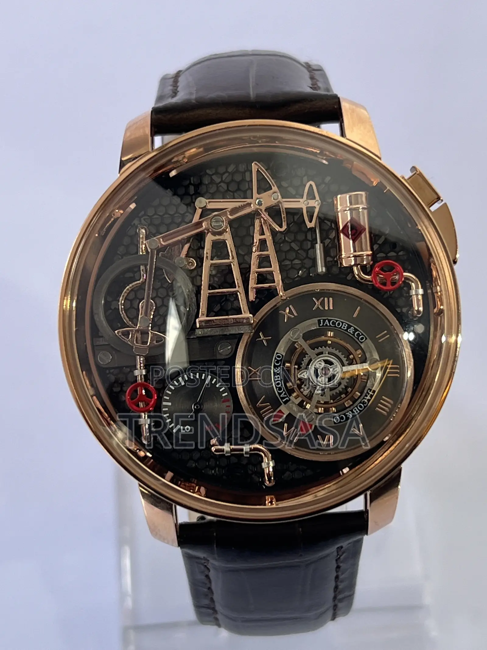 Jacob &Co. Oil Pump Rose Gold Black Leather Watch