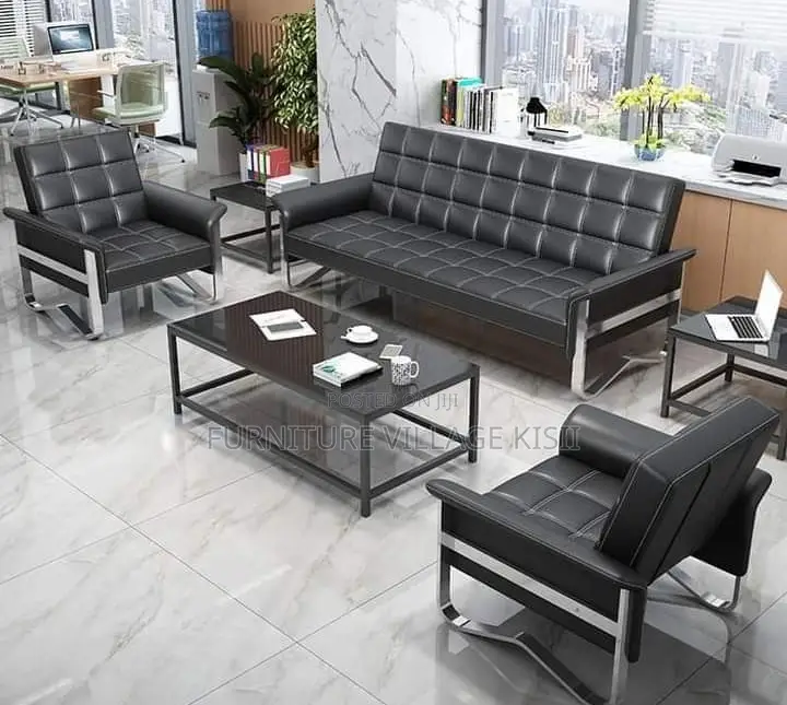 Office Chair;5-Seater Black Leather Reception Sofa Set