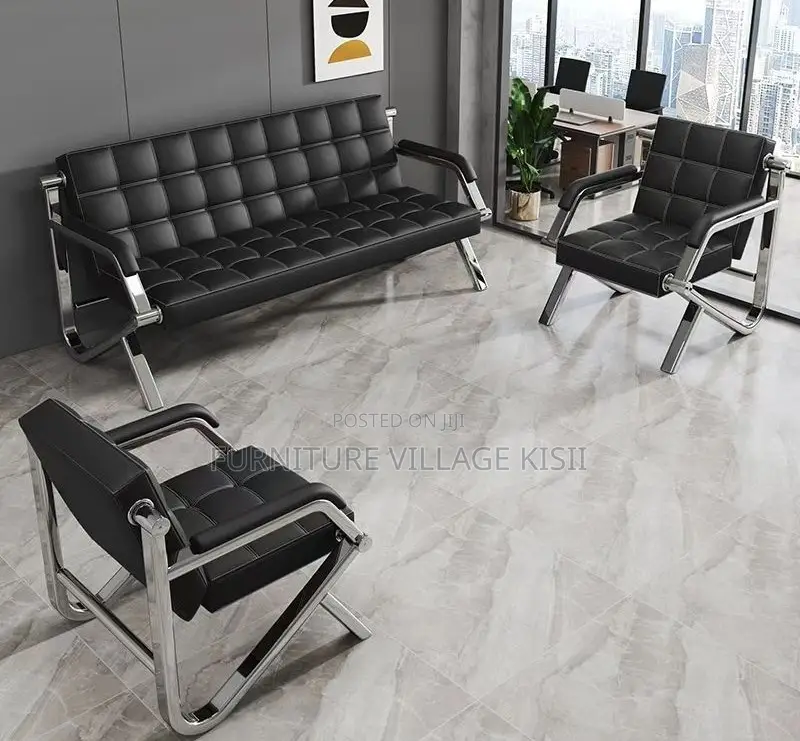 Office Chair;5-Seater Black Leather Reception Sofa Set
