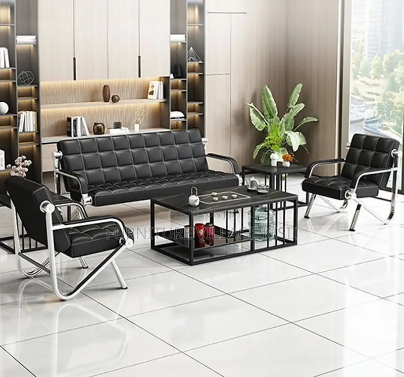 Office Chair;5-Seater Black Leather Reception Sofa Set